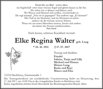 Traueranzeige von Elke Regina Walter von Trauerportal Rhein Main Presse
