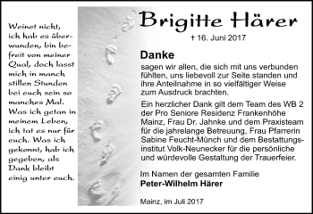 Traueranzeige von Brigitte Härer von Trauerportal Rhein Main Presse