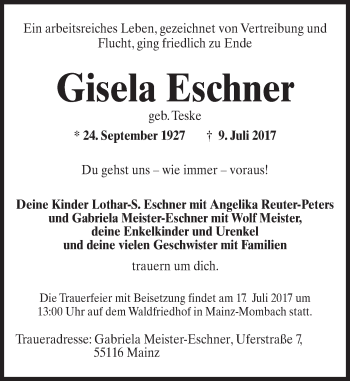 Traueranzeige von Gisela Eschner von Trauerportal Rhein Main Presse