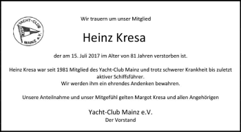 Traueranzeige von Heinz Kresa von Trauerportal Echo Online