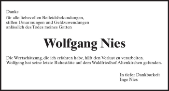 Traueranzeige von Wolfgang Nies von Trauerportal Rhein Main Presse