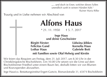 Traueranzeige von Alfons Haus von Trauerportal Echo Online