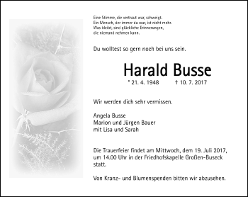 Traueranzeige von Harald Busse von  Gießener Anzeiger