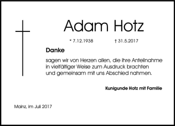 Traueranzeige von Adam Hotz von Trauerportal Rhein Main Presse