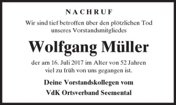 Traueranzeige von Wolfgang Müller von  Kreisanzeiger