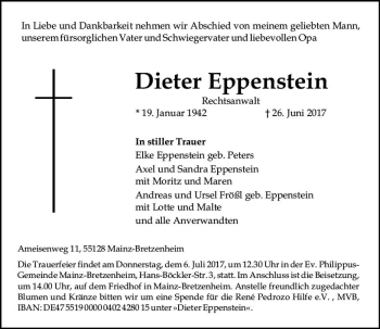 Traueranzeige von Dieter Eppenstein von Trauerportal Rhein Main Presse