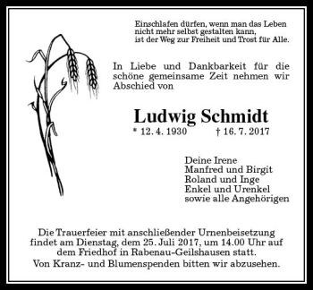 Traueranzeige von Ludwig Schmidt von  Gießener Anzeiger