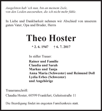 Traueranzeige von Theo Hoster von Trauerportal Rhein Main Presse
