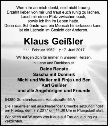 Traueranzeige von Klaus Geißler von Trauerportal Echo Online