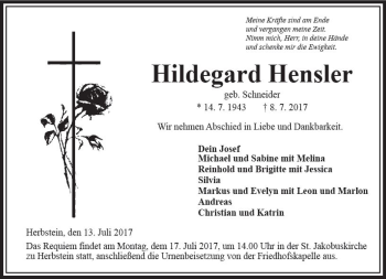 Traueranzeige von Hildegard Hensler von VRM Trauer