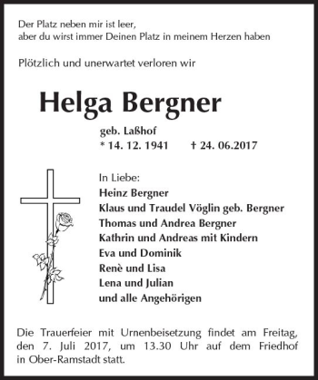 Traueranzeige von Helga Bergner von Trauerportal Echo Online
