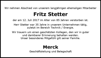 Traueranzeige von Fritz Stetter von Trauerportal Echo Online