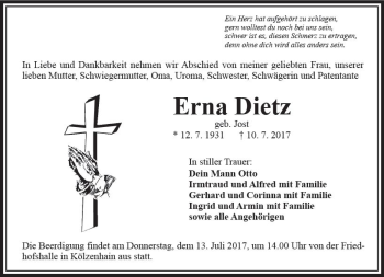 Traueranzeige von Erna Dietz von VRM Trauer