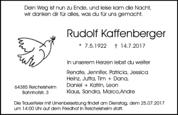 Traueranzeige von Rudolf Kaffenberger von Trauerportal Echo Online