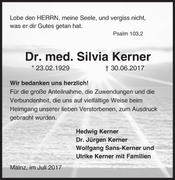 Traueranzeige von Silvia Kerner von Trauerportal Rhein Main Presse