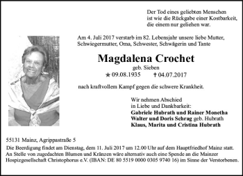 Traueranzeige von Magdalena Crochet von Trauerportal Rhein Main Presse