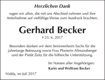 Traueranzeige von Gerhard Becker von  Kreisanzeiger