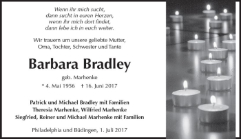 Traueranzeige von Barbara Bradley von  Kreisanzeiger