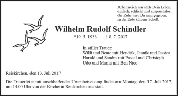 Traueranzeige von Wilhelm Rudolf Schindler von  Gießener Anzeiger