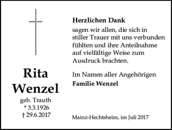 Traueranzeige von Rita Wenzel von Trauerportal Rhein Main Presse