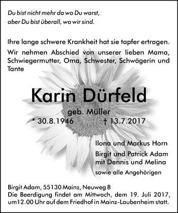 Traueranzeige von Karin Dürfeld von Trauerportal Rhein Main Presse