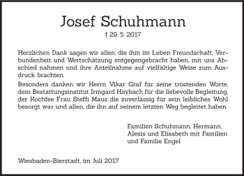 Traueranzeige von Josef Schuhmann von Trauerportal Rhein Main Presse