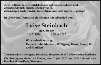 Traueranzeige von Luise Steinbach von Trauerportal Rhein Main Presse