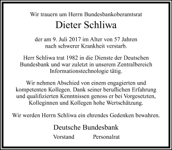 Traueranzeige von Dieter Schliwa von  Kreisanzeiger