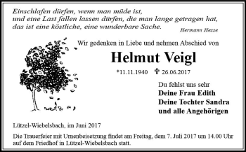 Traueranzeige von Helmut Veigl von Trauerportal Echo Online