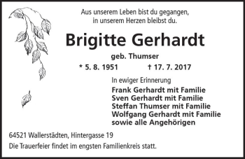 Traueranzeige von Brigitte Gerhardt von Trauerportal Echo Online