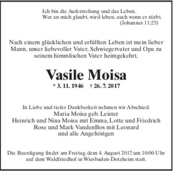 Traueranzeige von Vasile Moisa 