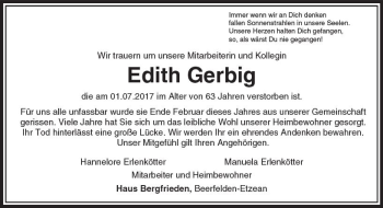 Traueranzeige von Edith Gerbig von Trauerportal Echo Online