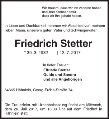 Traueranzeige von Friedrich Stetter von Trauerportal Echo Online
