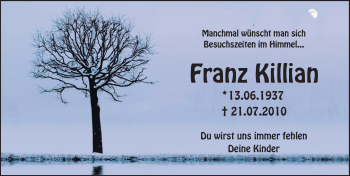 Traueranzeige von Franz Killian von Trauerportal Rhein Main Presse