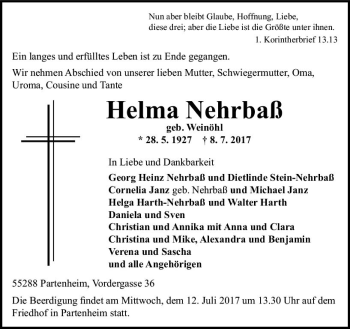 Traueranzeige von Helma Nehrbaß von Trauerportal Rhein Main Presse