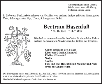 Traueranzeige von Bertram Hasenfuß von Trauerportal Rhein Main Presse