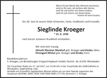 Traueranzeige von Sieglinde Kroeger von Trauerportal Rhein Main Presse