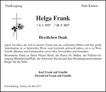 Traueranzeige von Helga Frank von Trauerportal Rhein Main Presse