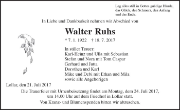 Traueranzeige von Walter Ruhs von  Gießener Anzeiger