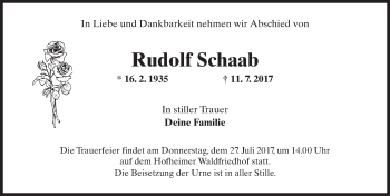 Traueranzeige von Rudolf Schaab von Trauerportal Rhein Main Presse