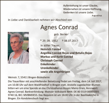 Traueranzeige von Agnes Conrad von Trauerportal Rhein Main Presse