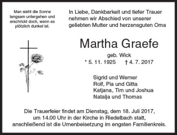 Traueranzeige von Martha Graefe von  Usinger Anzeiger
