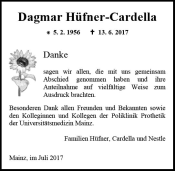 Traueranzeige von Dagmar Hüfner-Cardella von Trauerportal Rhein Main Presse