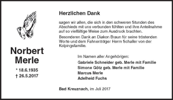Traueranzeige von Norbert Merle von Trauerportal Rhein Main Presse