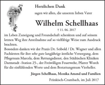 Traueranzeige von Wilhelm Schellhaas von Trauerportal Echo Online