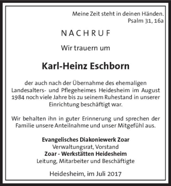 Traueranzeige von Karl-Heinz Eschborn von Trauerportal Rhein Main Presse