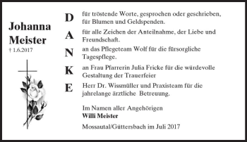 Traueranzeige von Johanna Meister von Trauerportal Echo Online