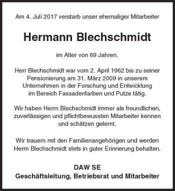 Traueranzeige von Hermann Blechschmidt von Trauerportal Echo Online