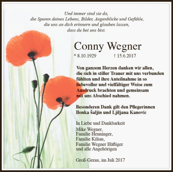 Traueranzeige von Conny Wegner von Trauerportal Echo Online