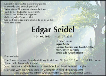 Traueranzeige von Edgar Seidel von Trauerportal Rhein Main Presse
